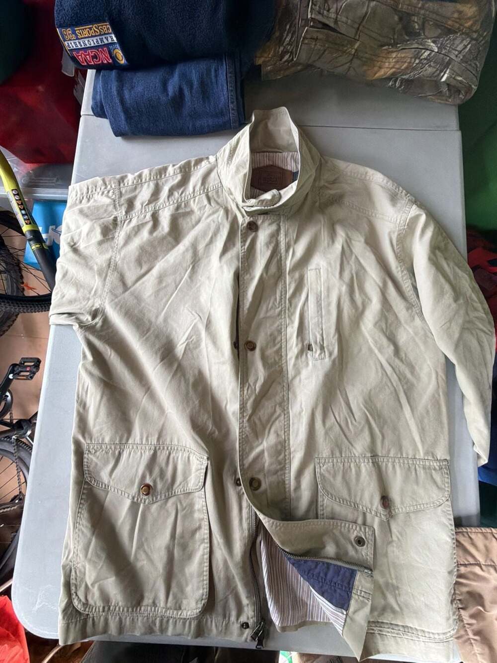 Woolrich Men's Light Olive Striped Button Down Jacket Size L